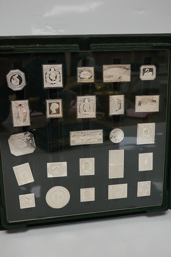 A modern cased set of the 'Official Sterling Silver Proofs of the Worlds Greatest Stamps', 18oz, with certificate of authenticity. Condition - good